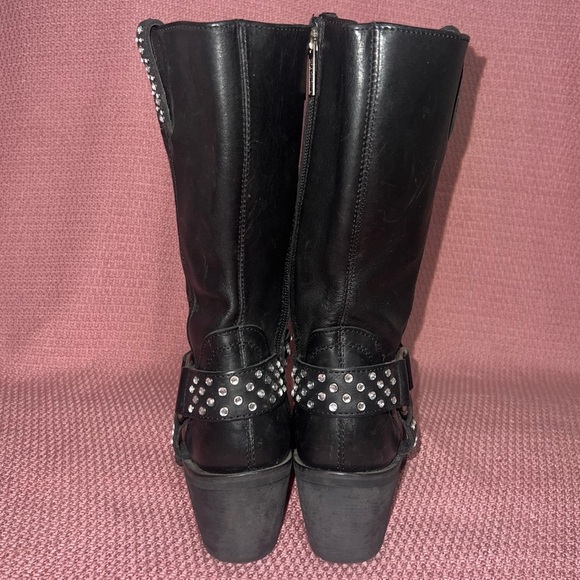 Harley Davidson Women’s Black Leather Rhinestone Studded Side Zip Heeled Boots - Picture 5 of 8